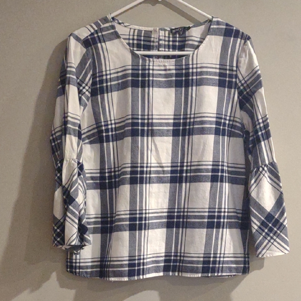 J.Crew Women's Women's 10 Blue White Plaid Women's Bell Sleeve Flannel Top